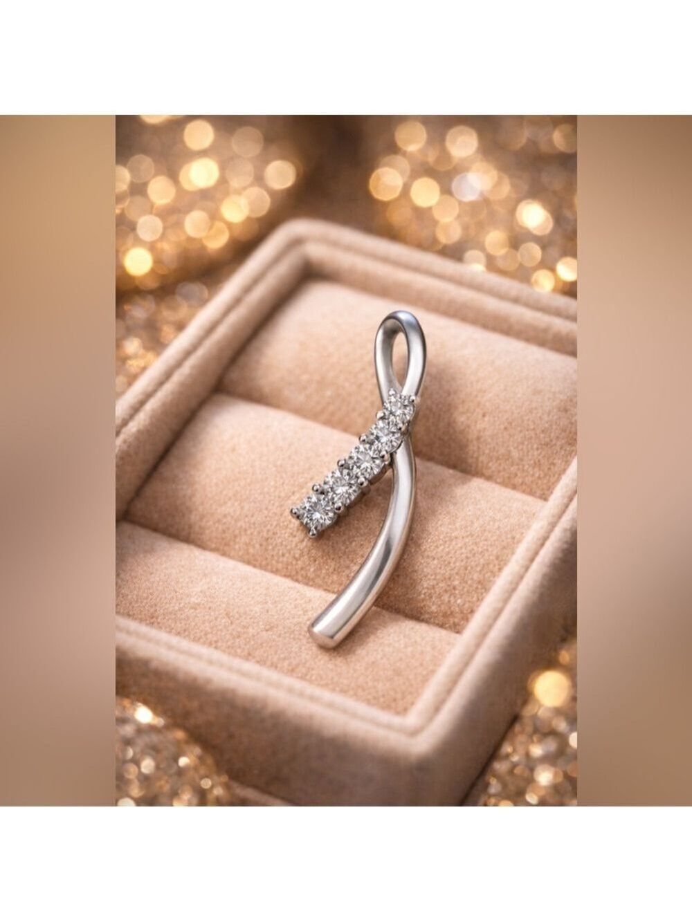 🎗️ Vintage Sterling Silver 925 • Genuine Diamond Cancer Awareness Ribbon Pendant